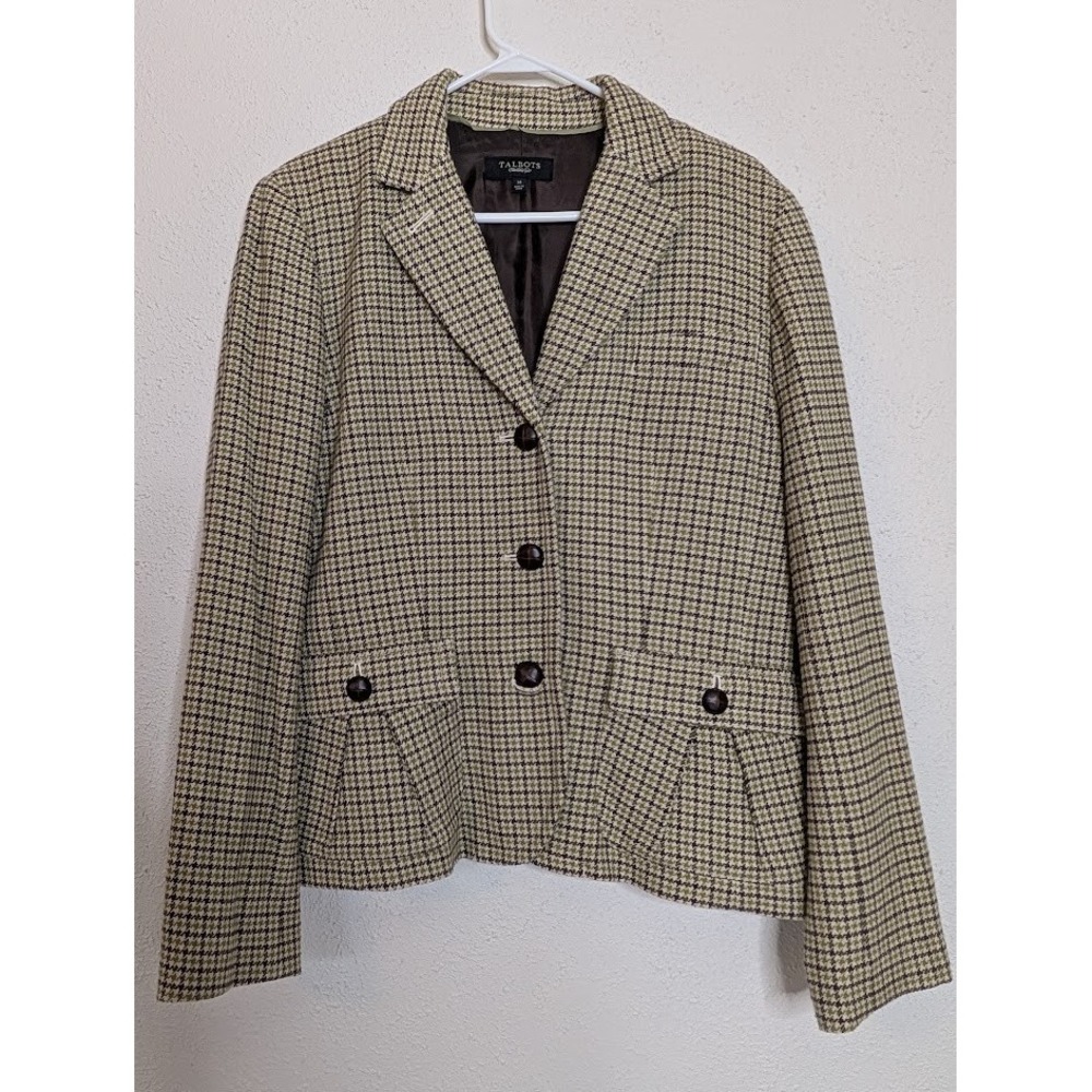 Talbots Womens Houndstooth Blazer Jacket Size 14 Polyester‎ Wool Blend Preppy